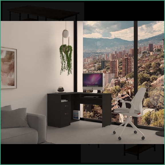 Desks, L-Shaped with Left Return, Retractable Keyboard Tray, Two Drawers & Open Shelf | Black | Particle Board