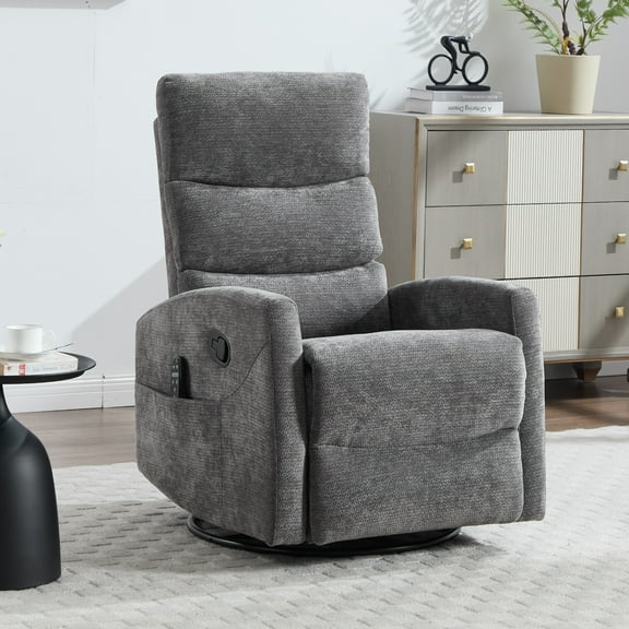 HSUNNS 360° Swivel Rocker Recliner Chair with Heat Massage, Chenille Manual Single Rocker Sofa Recliner Chair with Side Pockets for Living Room Home Theater, Dark Grey