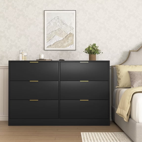 UZUGUL 6-Drawer Black Dresser, Gold Pulls, Slim Dresser Chest, Easy Assembly, for Kids Room Teen Bedroom Walk-in Closet