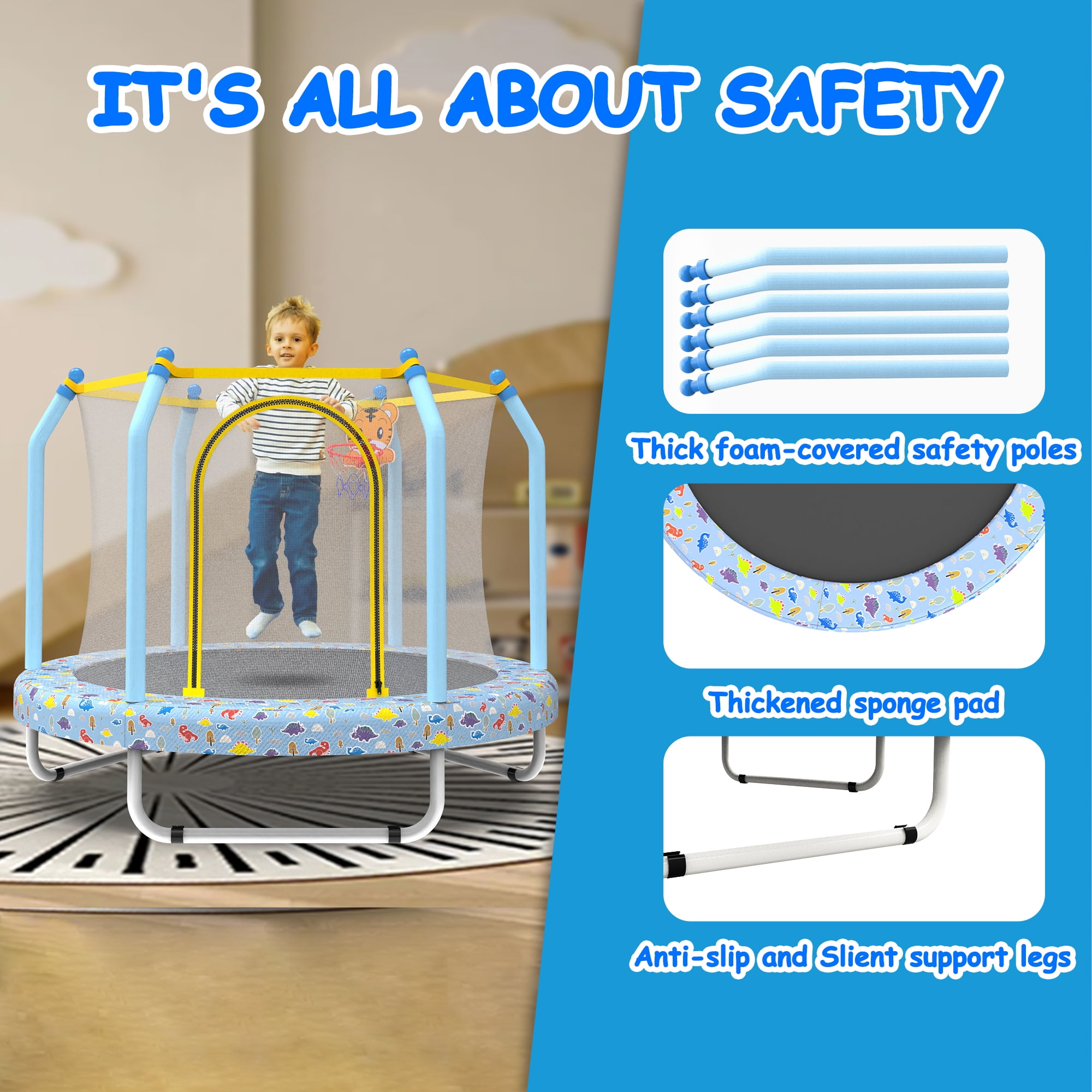 Leumius 55inch Trampoline for Kids, Outdoor Mini Trampoline with Enclosure and Basketball Hoop, Blue Forest