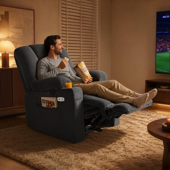 MCombo Electric Power Recliner Chair with Massage & Heat, Extended Footrest, USB Ports, 2 Side & Front Pockets, Cup Holders, Grey Plush Fabric 8015