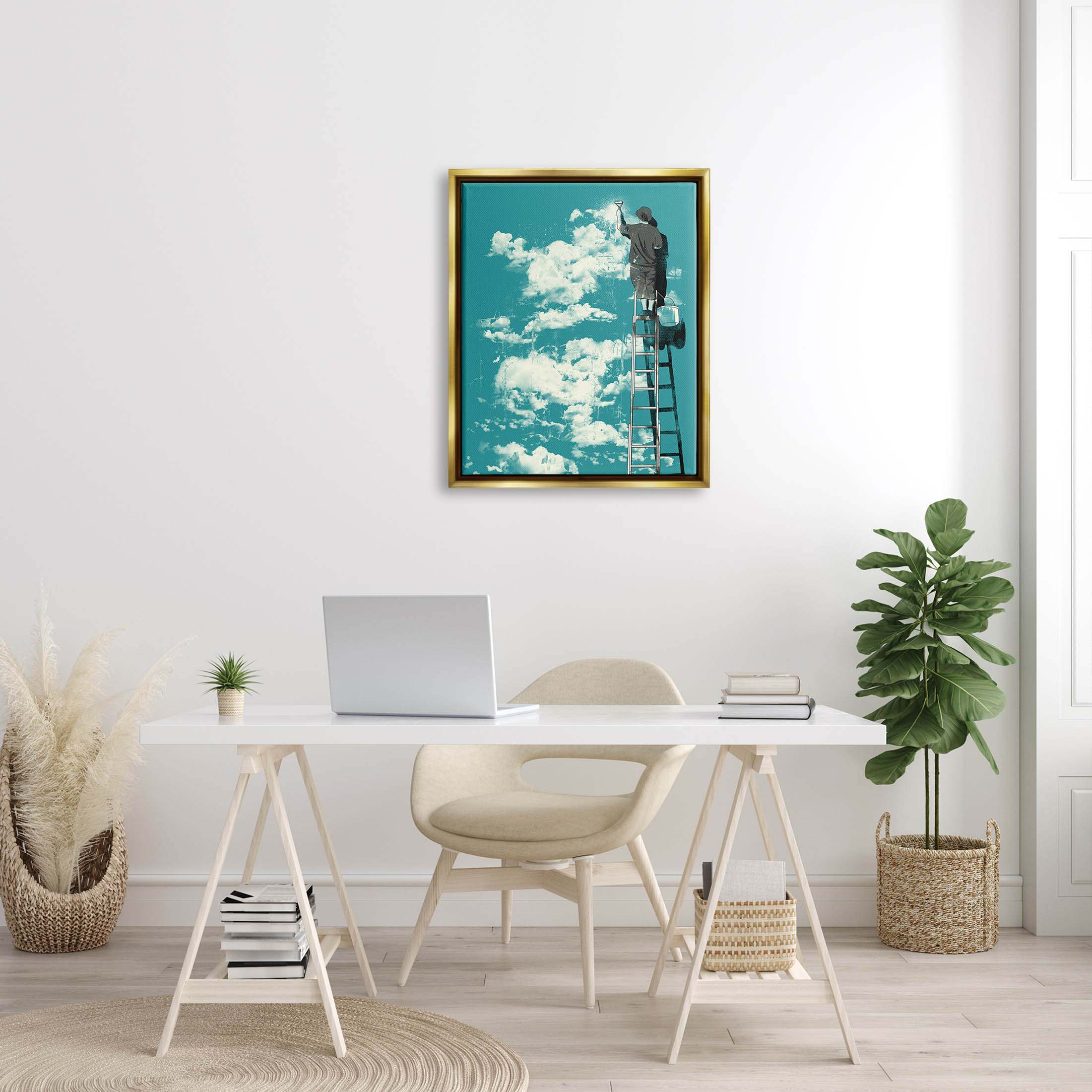 Stupell Industries Painter On Ladder Conceptual Clouds Graphic Art Metallic Gold Floating Framed Canvas Print Wall Art, Design by Matheus Lopes Castro