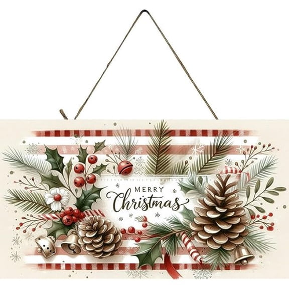 Christmas Handmade Wood Sign Decorative Wall Sign Wreath Sign Door Hnager Christmas Wall Decor Hanging Sign Twisted R Design (Pine Cone Merry Christmas) 12 x 6 Inches