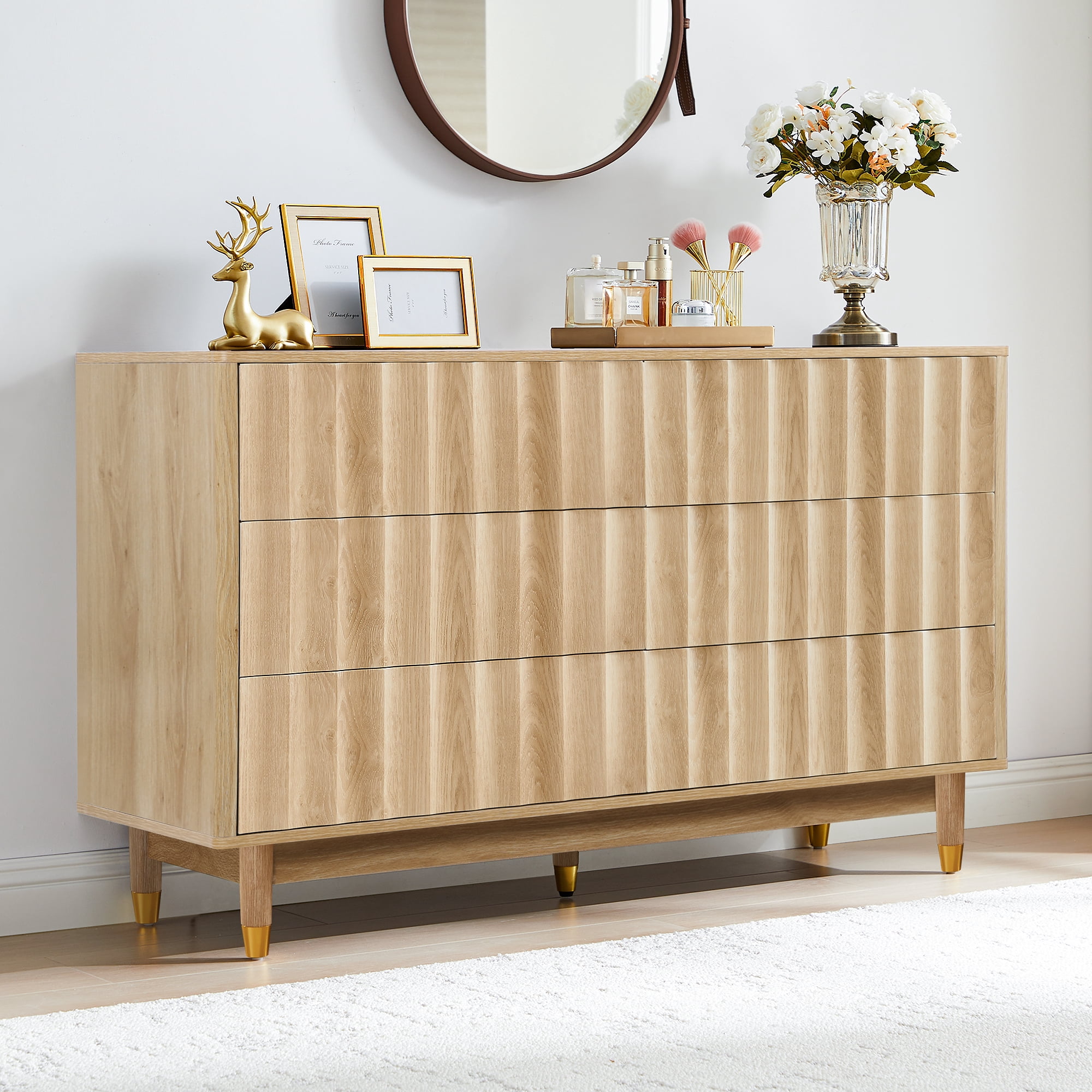 LEFHDA 53" Dresser Fluted 6 Drawer Dresser, Large Modern Chest of Drawers, Wide Wood Storage Dressers Organizer Storage Cabinet for Bedroom Living Room Hallway Entryway