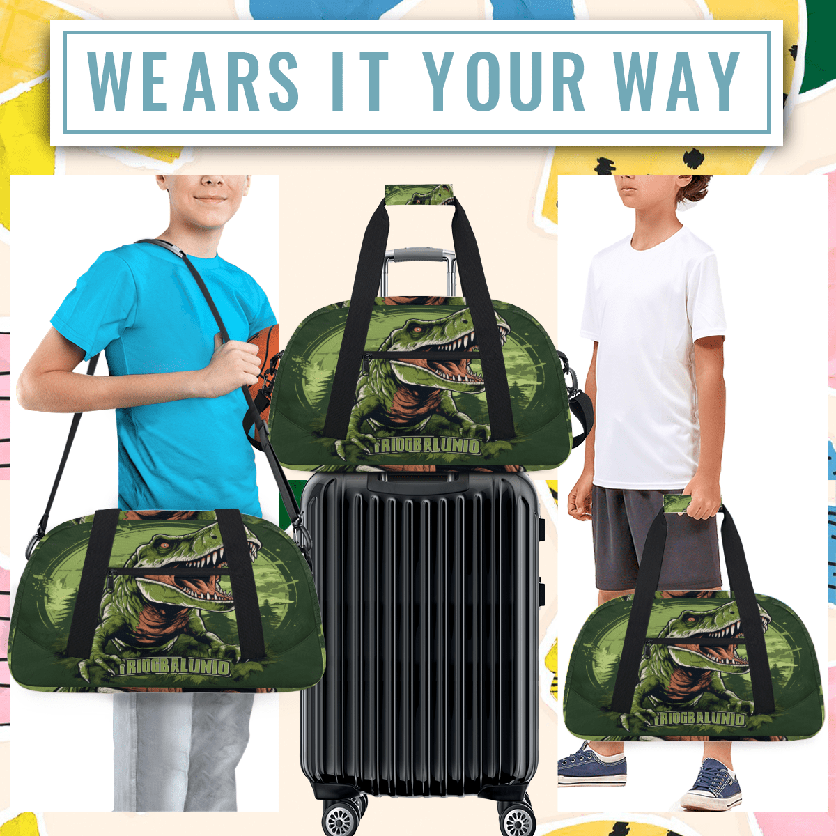 Herdesigns Dinosaur Sports Duffle Bag for Women & Men, Gym Bag Dance Bag Overnight Bag Carry On Weekender Travel Bag