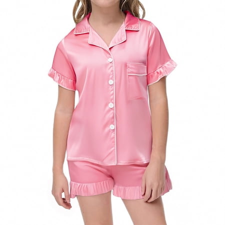 QUOTAY Girls Pajamas Summer 2 Piece Set Casual Short Sleeve Button Down Lapel Collar Top and Shorts Comfy Wear for Toddler Kids Pink，11-12 Years