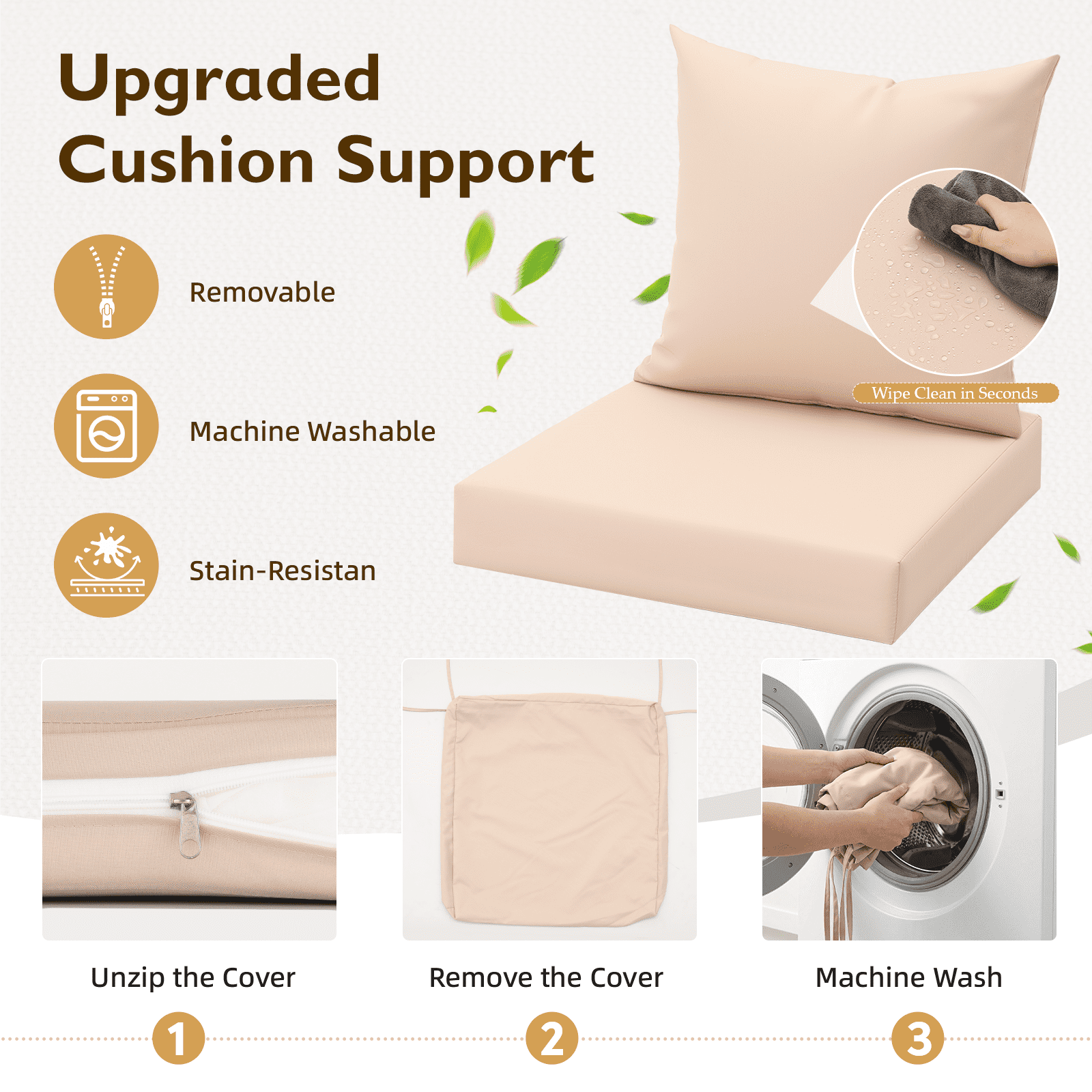 HOMREST Outdoor Chair Cushions Set of 4, 24x24 Inch Waterproof Patio Furniture Cushions with Removable Covers & Ties, Reversible Seat Cushions and Back Cushions for Garden Deck Furniture, Khaki