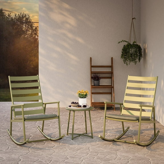 LAUSAINT HOME Outdoor Conversation Sets, 3-Piece Green Metal Patio Furniture Set with 2 Rocking Chairs, Green Cushions