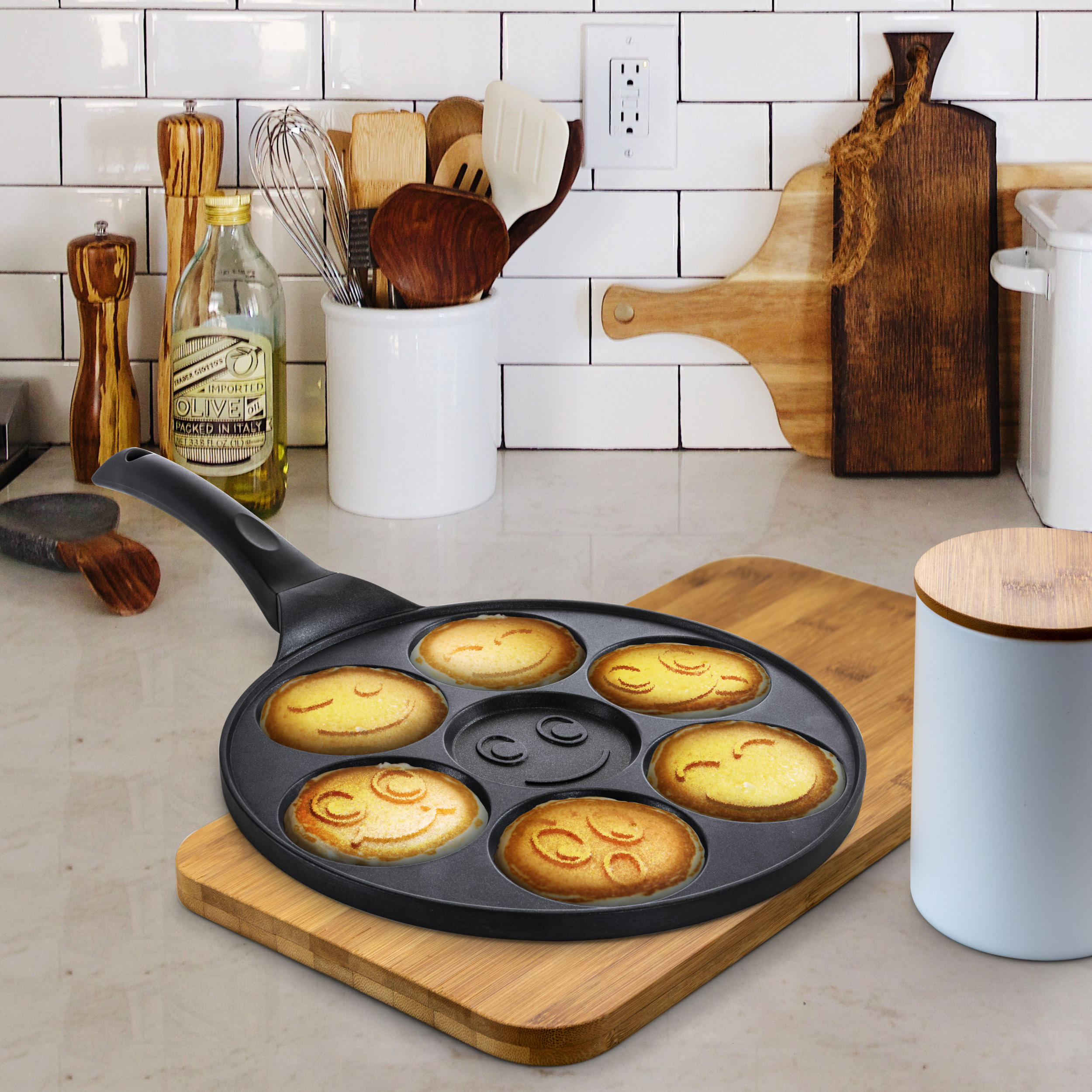 MegaChef Pancake Griddle Happy Face Emoji 10.5 Inch Aluminum Nonstick Pancake Maker Pan with Cool Touch Handle