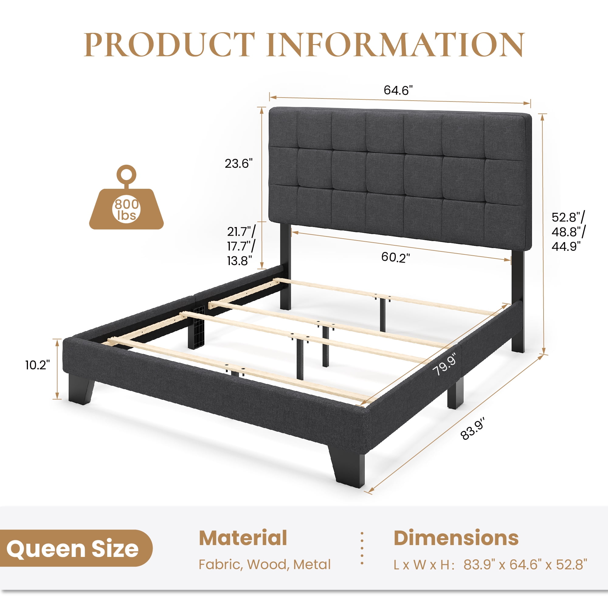 SHA CERLIN Grey Queen Size Panel Platform Bed Frame with Adjustable Fabric Upholstered Headboard, Adult