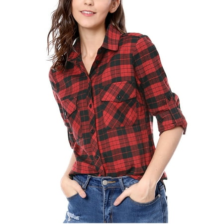 Women Checks Roll Up Sleeves Flap Pockets Flannel Plaid Shirt Black,red XS (US 2)