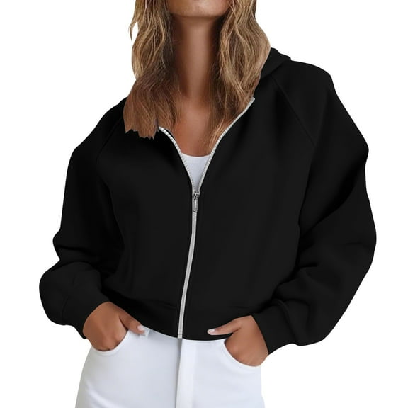 Women's Oversized Solid Color Zip Up Hoodie with Raglan Sleeves, Cropped Length Pullover Sweatshirt, Soft Breathable Casual Streetwear Top for Daily Wear, Parties and Vacation Outfits Black L