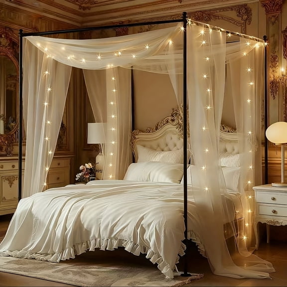 2 White Sheer Bed Curtains With 100 LED Star String Lights, 30 x 228 Inches, Suitable For Extra Large And Double Beds, Bedroom Home Decor