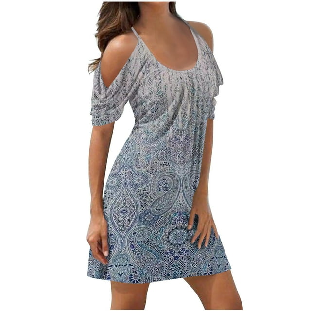 Robes à Épaules Dénudées pour Femmes Robes d'Été pour Femmes Imprimé Manches Courtes Épaules Dénudées Col Rond Robes Manches Courtes pour Femmes Robes d'Été Courtes pour Femmes