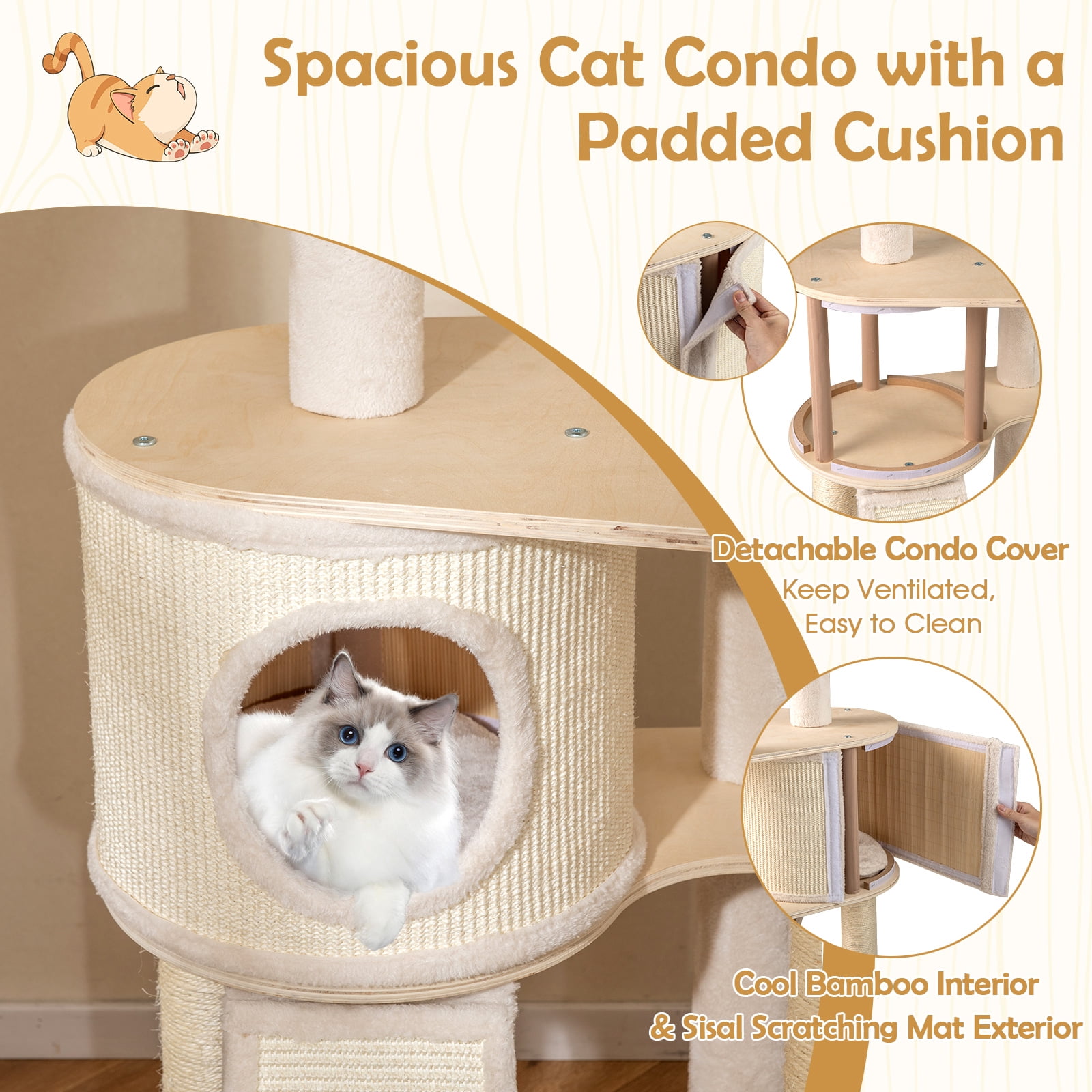 Gymax 56'' Tall Cat Tree Wooden Kitten Tower w/Sisal Scratching Posts & Mat & Ladder