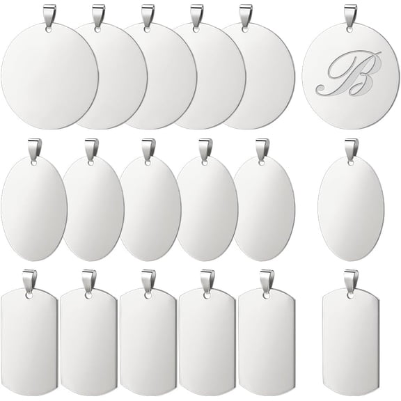 1Box 18Pcs 3 Styles 201 Stainless Steel Stamping Blank Tag Pendants for Necklace Men Jewelry Making Rectangle & Flat Round & Oval Stainless Steel Color 42~42x24~43x1mm Hole: 3x7mm 6pcs/style