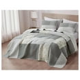 thumbnail image 3 of Cooper 3-Piece Muted Gray White Ivory Floral Plaid Patchwork Quilt Set - Pre-Washed Cotton Quilted Lightweight Reversible Bedspread for All Seasons, Super King 128x110, 3 of 9