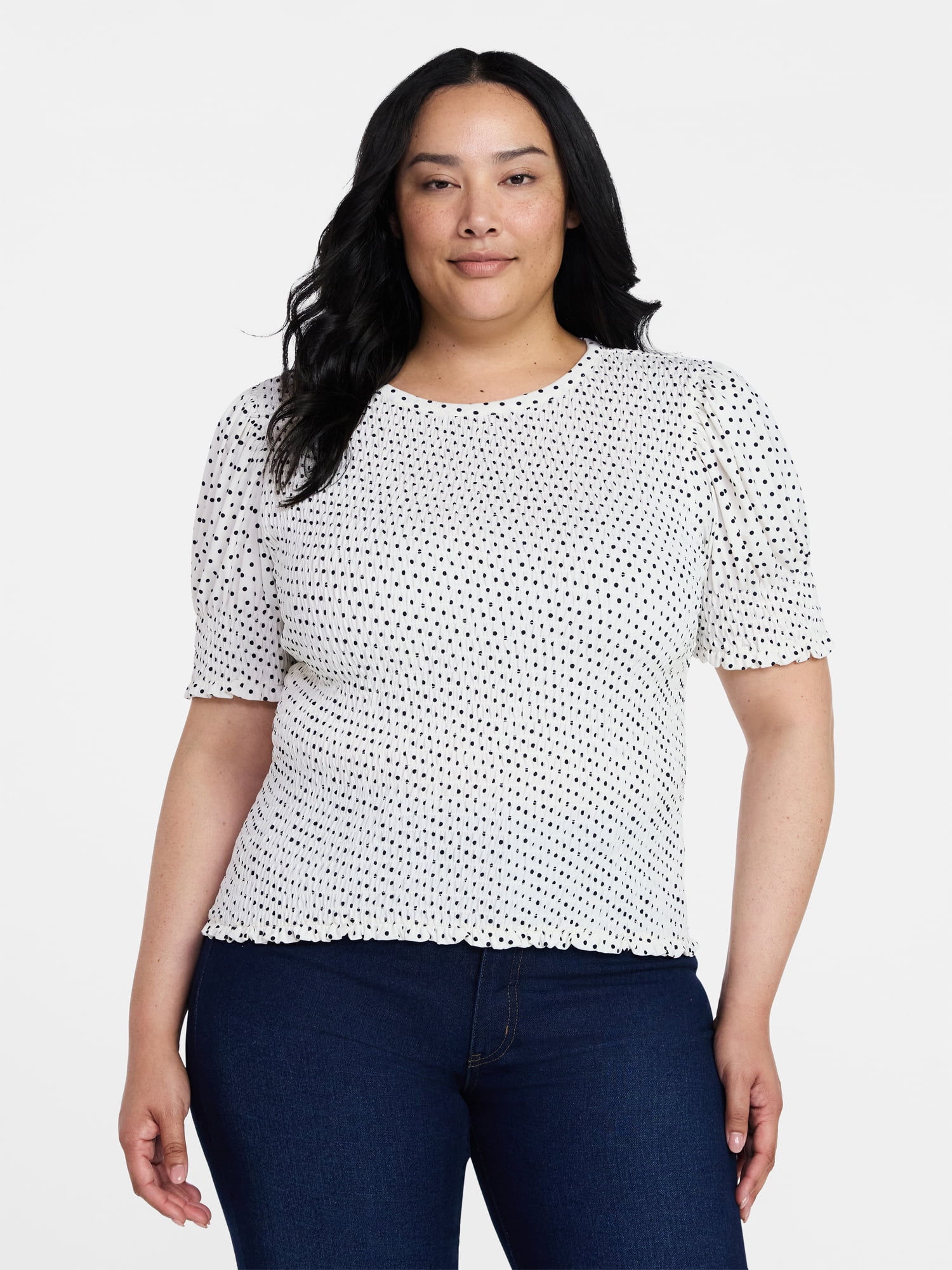 Time and Tru Women's Smocked Top with Short Puff Sleeves, Sizes XS-XXXL