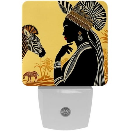 

Plug in Led Night Light with Auto Dusk to Dawn Sensor White Nightlights for Hallway Bedroom Kids Room Kitchen Stairway 2 Pack African Woman and Animal Vintage Ethnic Tribal