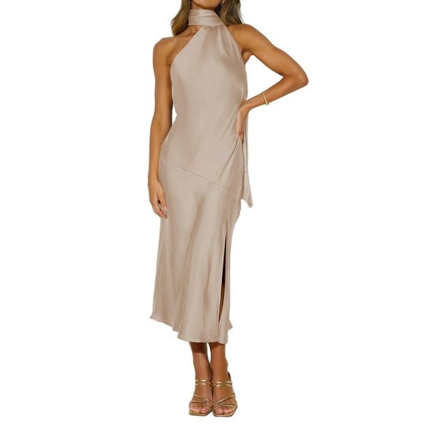 Vestido Halter Elegante Vestido elegante con cuello halter para mujer, sin espalda, de satén, para fiesta, dividido, Vestidos (Beige XL) Cgtredaw Para estrenar
