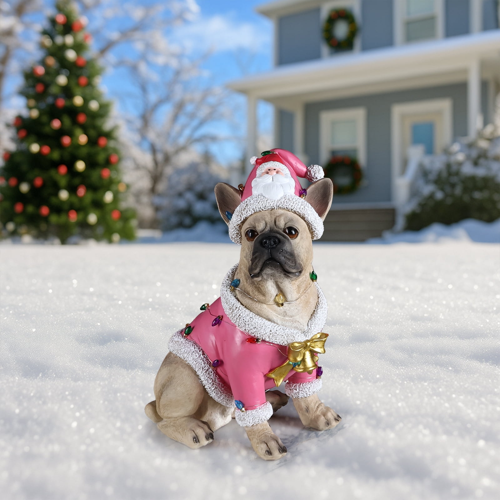 French Bulldog Pink Santa Outfit Christmas Dog Statue with Gold Bow Holiday Tabletop Decor