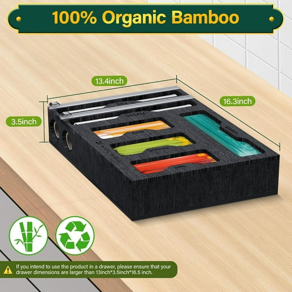 Bag Organizer & Plastic Wrap Dispenser with Cutter, 6 In 1 Bamboo Foil & Plastic Wrap Organizer for Kitchen, Food Storage Bag Organizer