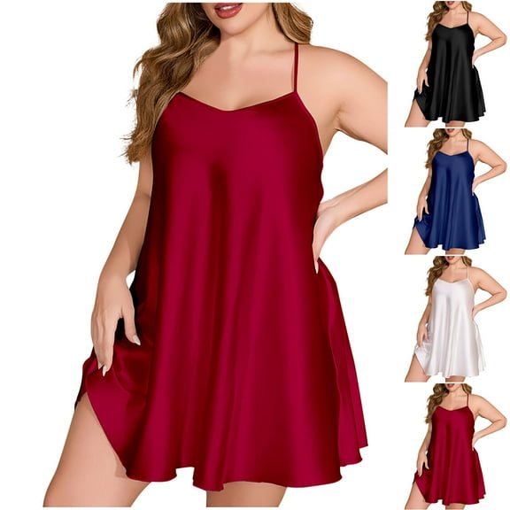 yillto Womens Plus Size Cami Nightdress Satin Silky Spaghetti Strap Sleepwear Sleeveless Mini Nightgowns