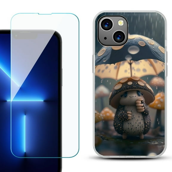 OneToughShield ® for iPhone 15 Fashion Phone Case, with Tempered Glass Screen Protector - Frog n Mushroom