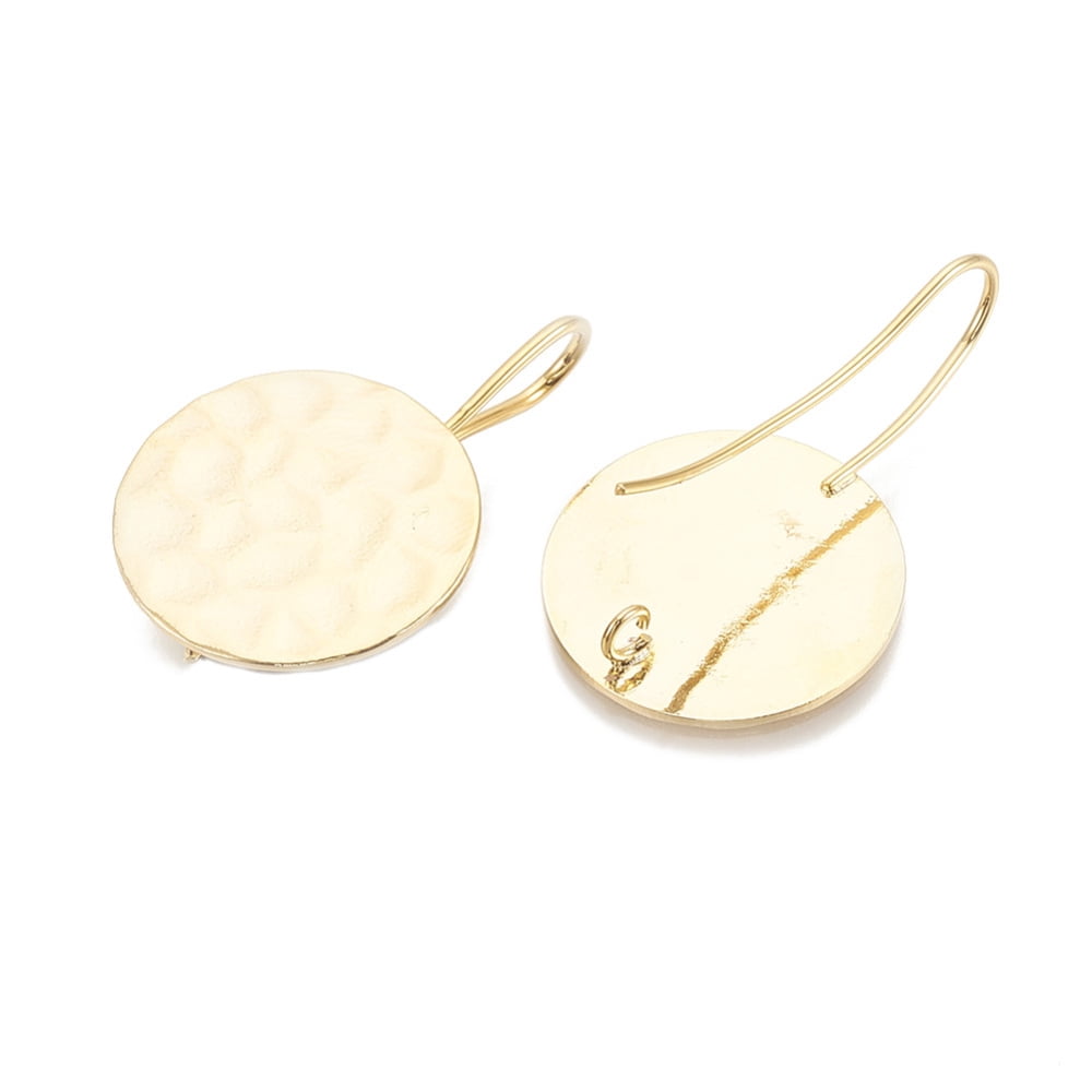Hammered Brass Earring Hooks Ear Wire with Horizontal Loop Flat Round Nickel Free Real 18K Gold Plated 20mm Hole: 2mm 21 Gauge Pin: 0.7mm