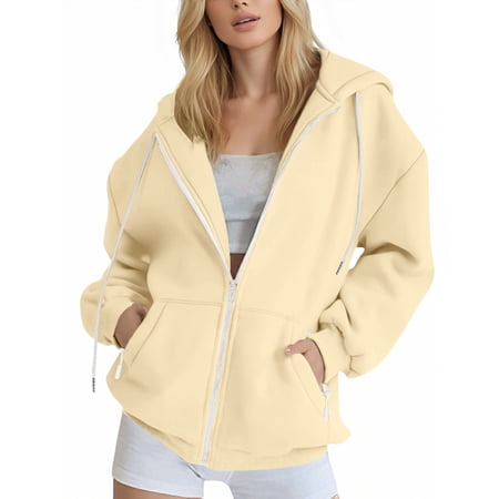 ANINEO Women Oversized Zip Up Hoodies Long Sleeve Sweatshirts Clothes Teen Girl Fall Casual Drawstring Jackets Coats Tops With Pockets Solid Color Stylish Daliywear