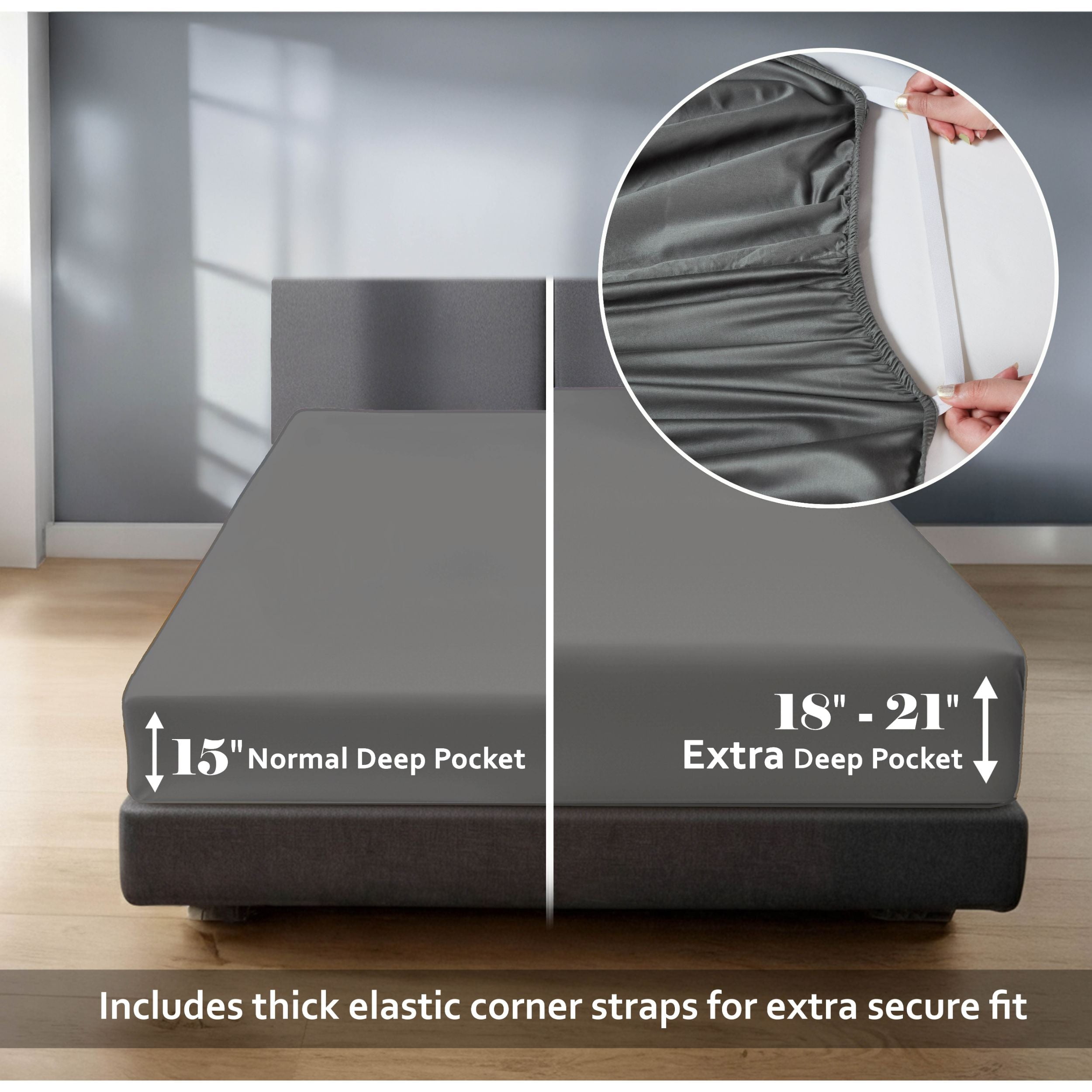 Superior 650 TC Egyptian Cotton Fitted Sheet, Extra Deep Pocket - 18 Inch, Queen Size, Grey