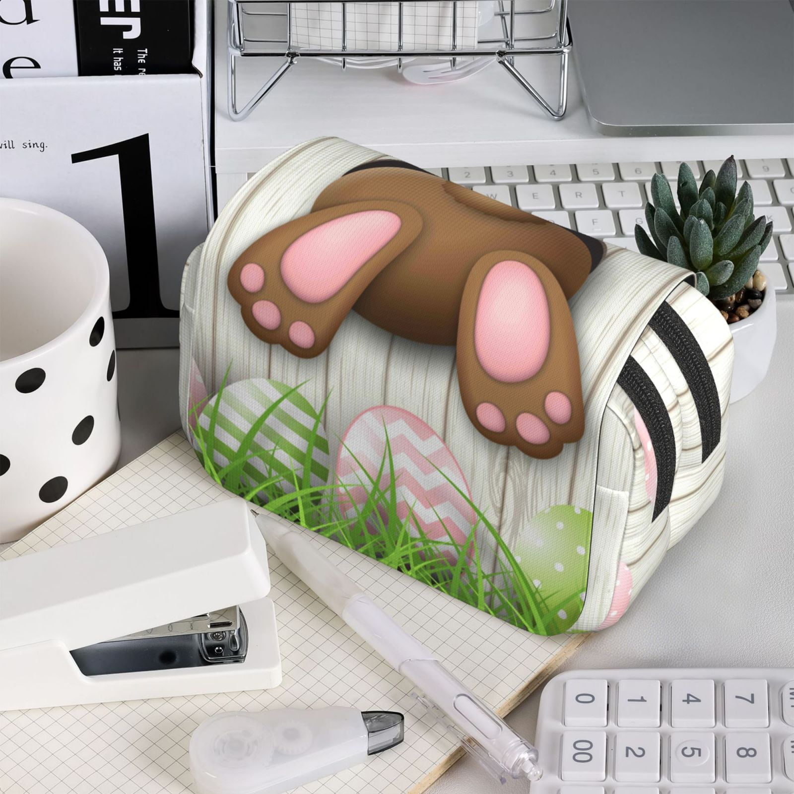 Rateoe Brown Bunny Pattern Double Clamshell Pen Case, Storage Organizer with Two Zipper Compartments– Holds Up to 50 Pencils & Pens