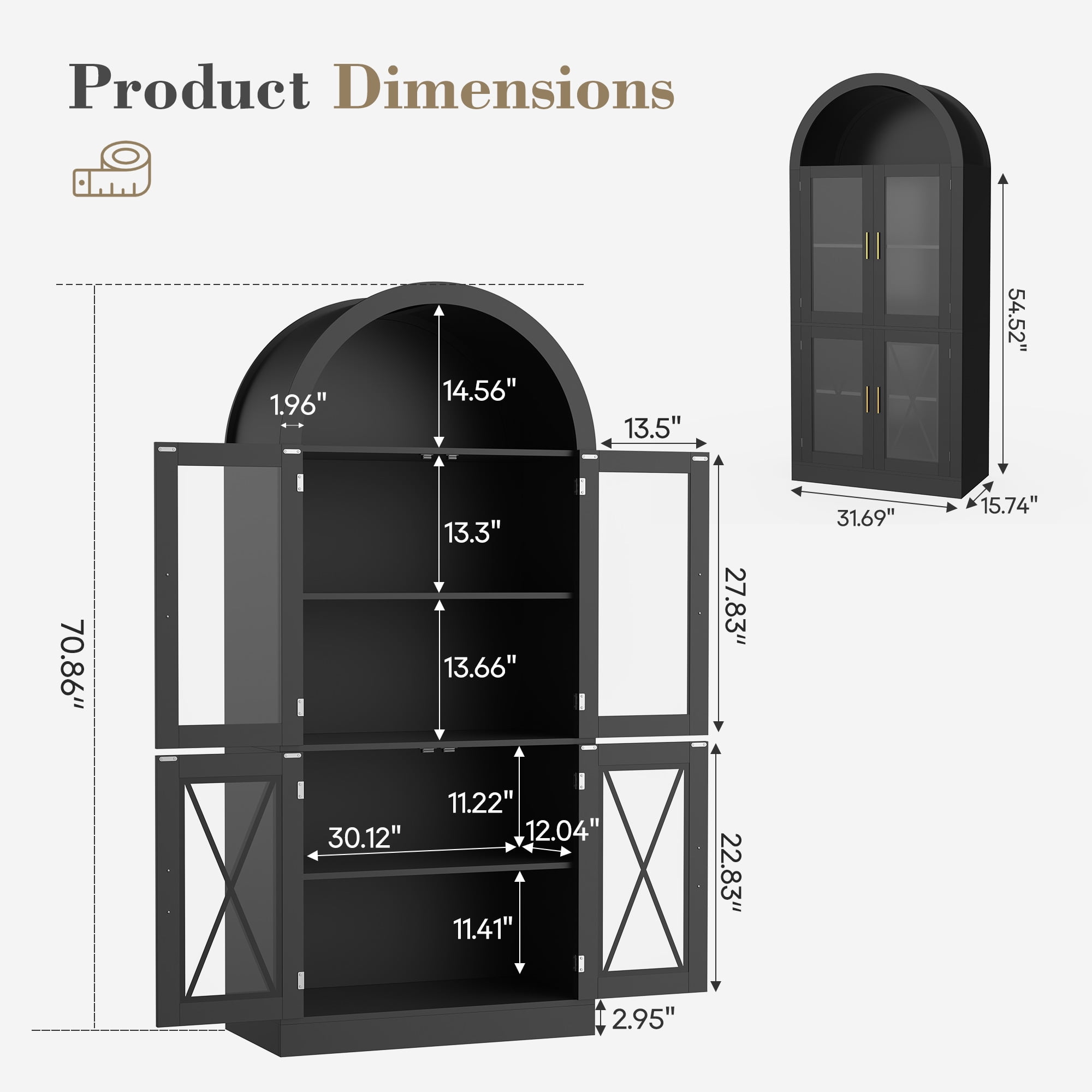 70" Tall Farmhouse Arched Display Cabinet with LED Lighting, Glass Door Storage Cabinet for Living Room or Kitchen Pantry, Black