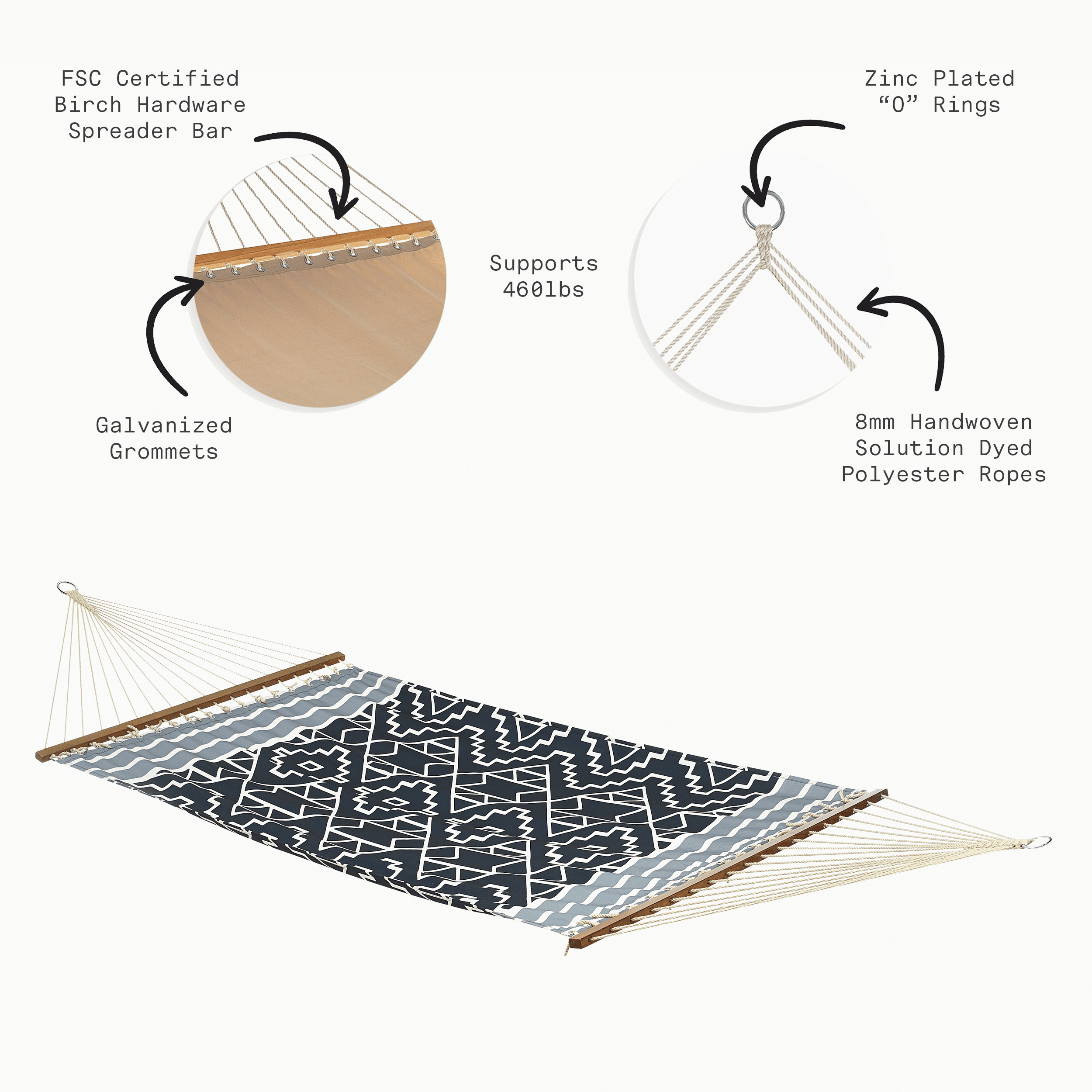 Fab Habitat Tribal Recycled Polyester Hammock - Kilimanjaro - Black - Indoor/Outdoor, Quick Dry, 2 Person 460 lbs Capacity - Patio, Poolside, Backyard, Garden, Beach, Balcony - 12-14 ft Adjustable