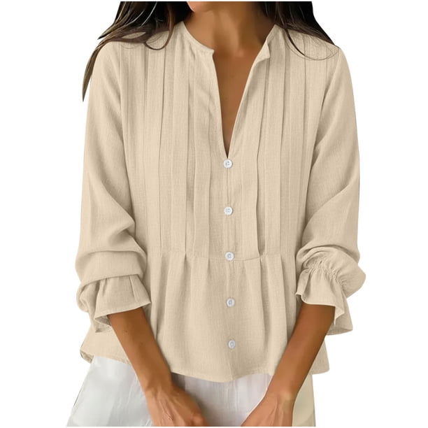 Tops de Manga Larga de las Mujeres de Color Sólido Casual con Detalle Del Botón Plisado, Blusa de Lino con Cuello en V para el Otoño Diario