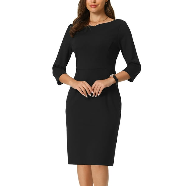 Vestido de trabajo elegante de mujer con mangas 3/4, cuello barco, vestido lápiz ajustado M negro