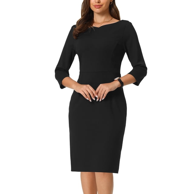 Vestido de trabajo elegante de mujer con mangas 3/4, cuello barco, vestido lápiz ajustado, color negro