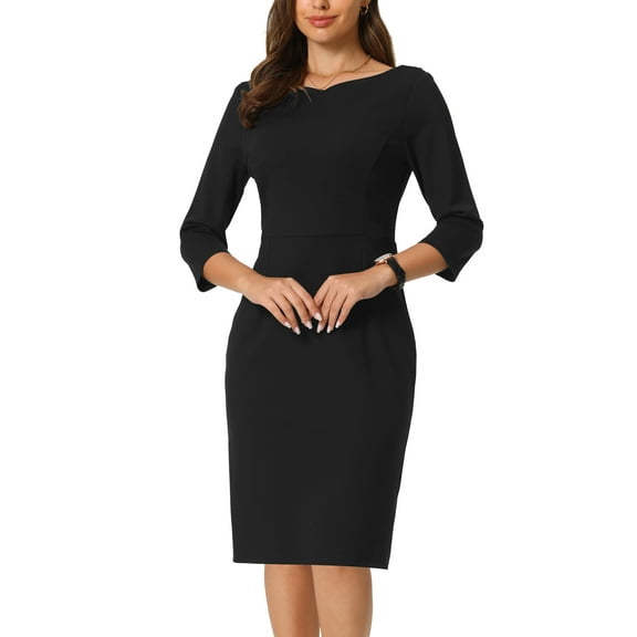 INSPIRE CHIC Women's 3/4 Sleeve Work Dress Boat Neck Elegant Pencil Sheath Dresses S Black