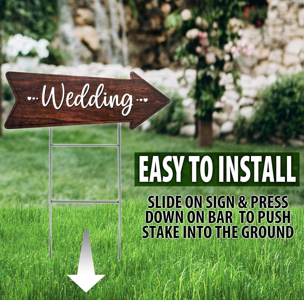 Wedding Directional Yard Sign 23.5 x 8.5, Waterproof, Wood Printed Design on Durable Coroplast with Tall Heavy Duty Yard Stakes (2 Pack)