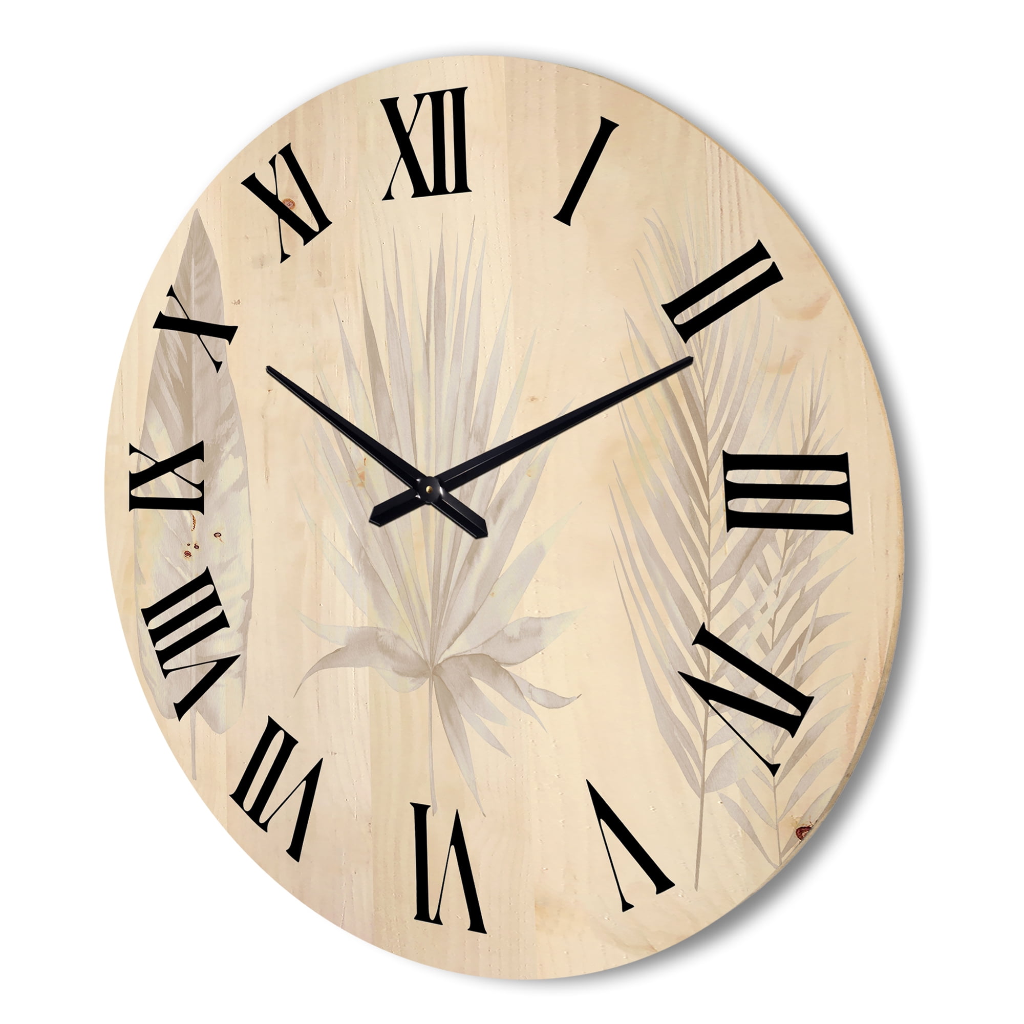 Designart 'Tropical Beiges Leaves On White' Traditional Wood Wall Clock