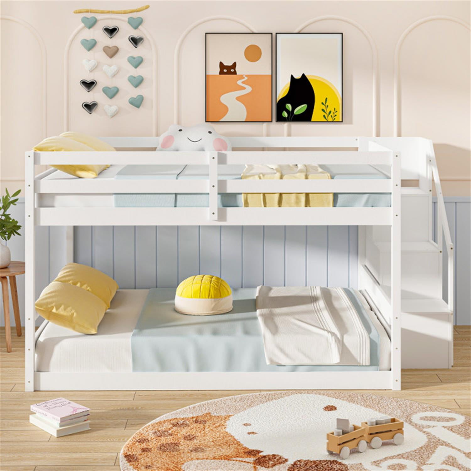 Demi Bonn Full Over Full Bunk Bed with Safety Rail and Storage Stairs, Space-saving Solid Wood Bed Frame, White