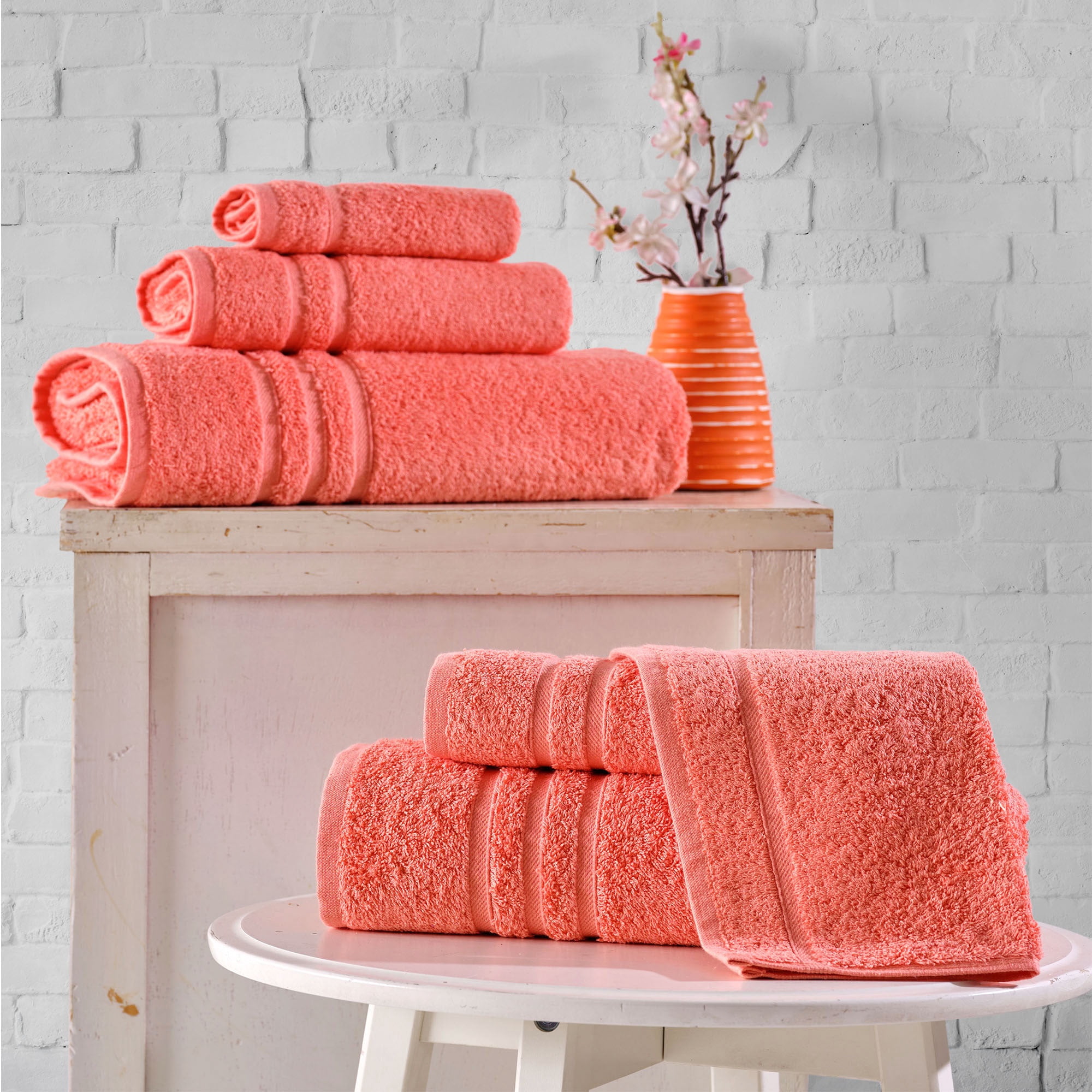 Hawmam Linen Coral Orange 6-Piece Bathroom Set 100% Turkish Cotton, 2 Bath Towels, 2 Hand Towels, 2 Washcloths - Soft Plush, Quickdry, High Absorbent Luxury Bathroom Accessories, Dorm Room Essentials
