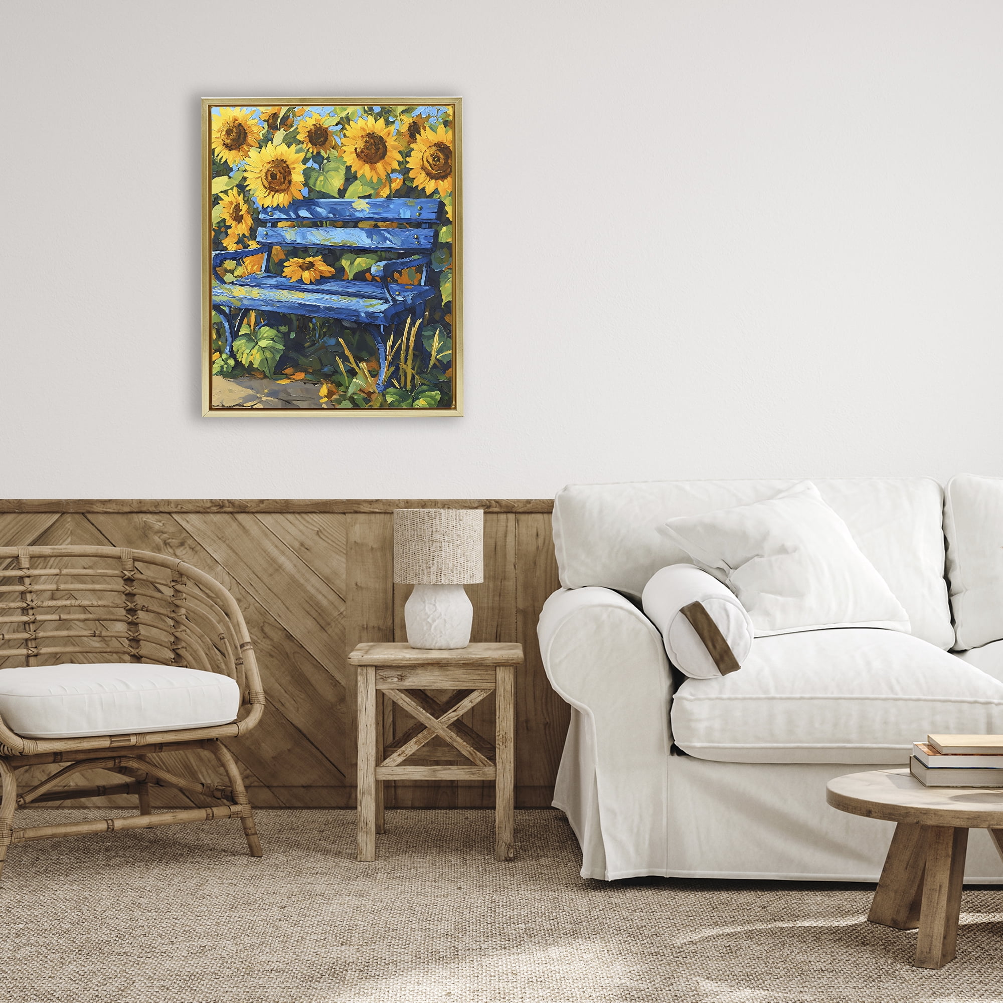 Stupell Industries Bench in Sunflower Field Gold Framed Floater Canvas Wall Art, design by Creative Studio