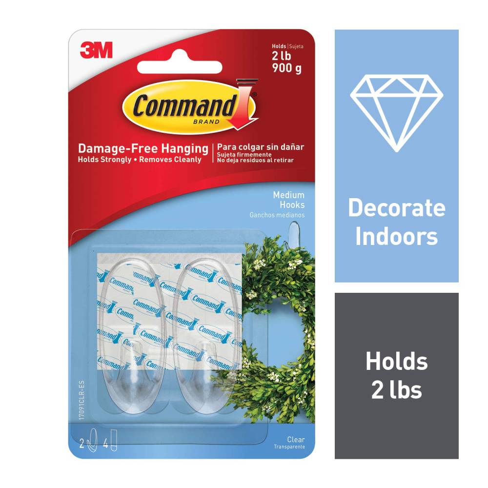 3M Command Clear Medium Hooks Damage Free Adhesive 2 Hooks, 12-Pack