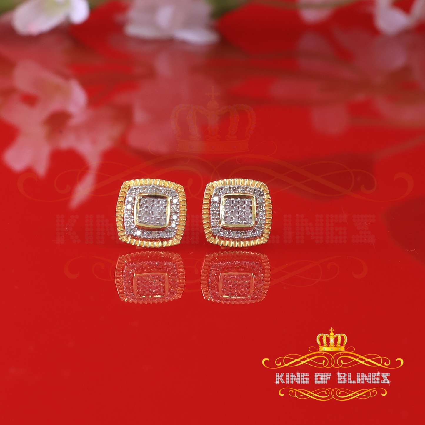 King of Bling's Real 10K Yellow Gold Real Diamond 0.50CT Mens / Womens Square Stud Earrings