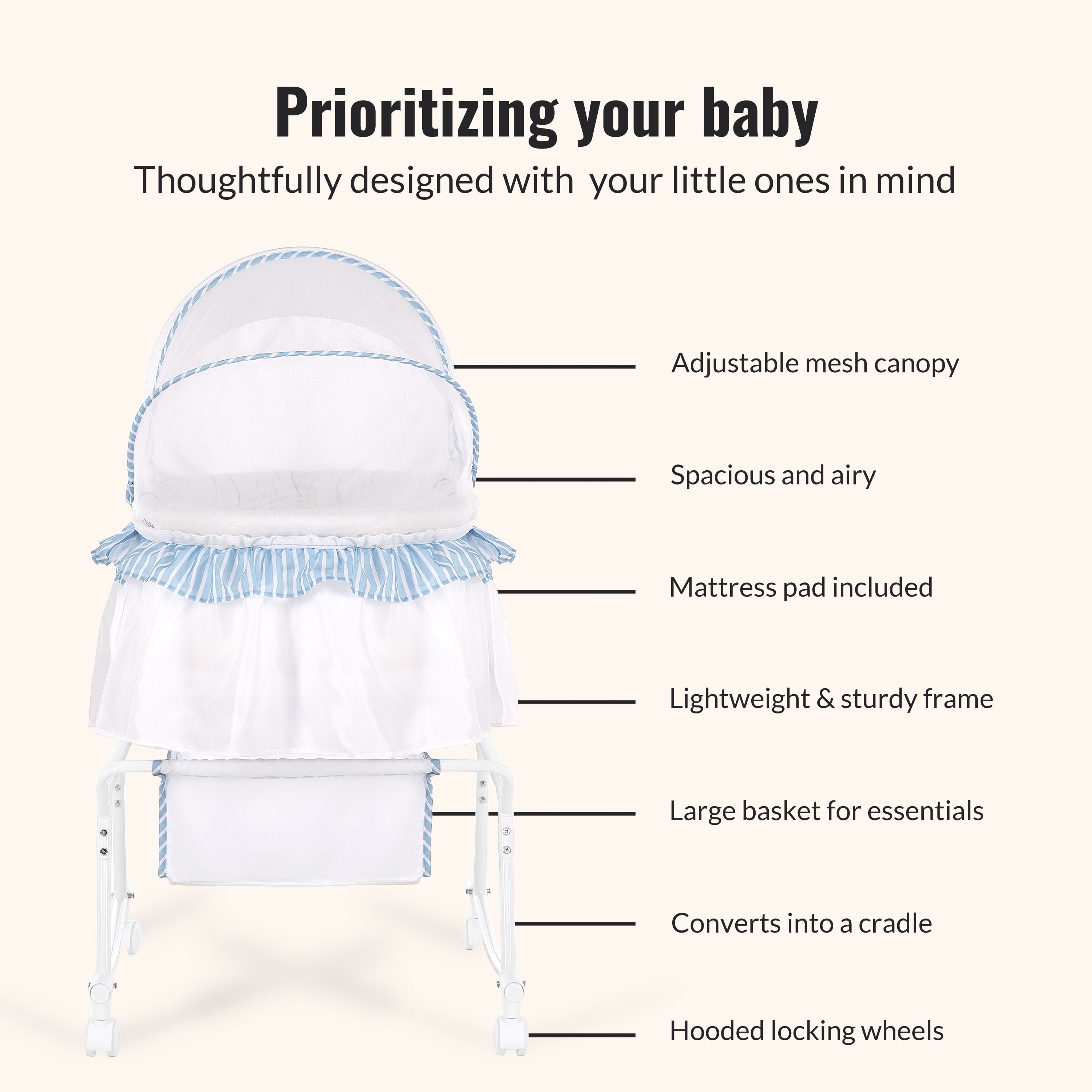 Dream On Me Lacy Portable 2-in-1 Bassinet & Cradle in Blue and White, Lightweight Baby Bassinet