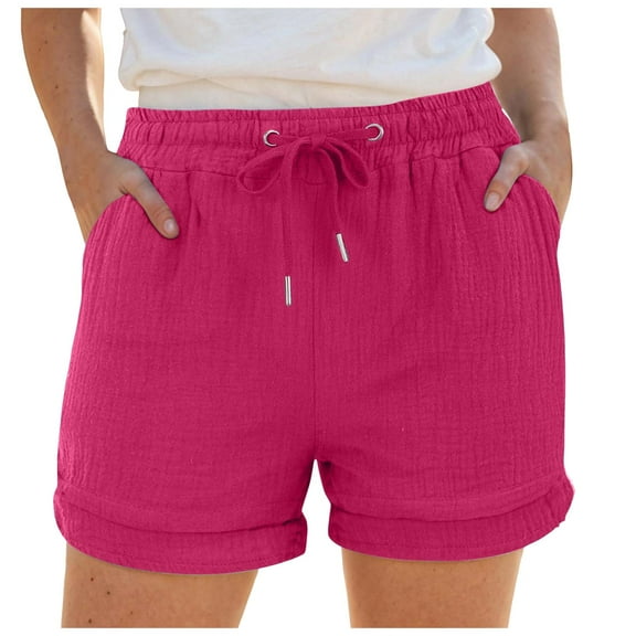 Women's High Waisted Gauze Cotton Shorts Linen-Like Breathable Drawstring Summer Beach Shorts with Pockets