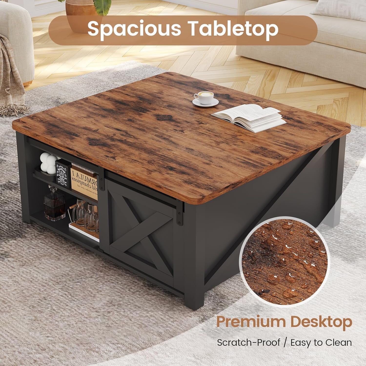 31.5" Square Lift Top Coffee Table, Farmhouse Coffee Table with Ample Storage, Wood Center Table with Sliding Doors and Large Hidden Space for Living Room Home Office, Black
