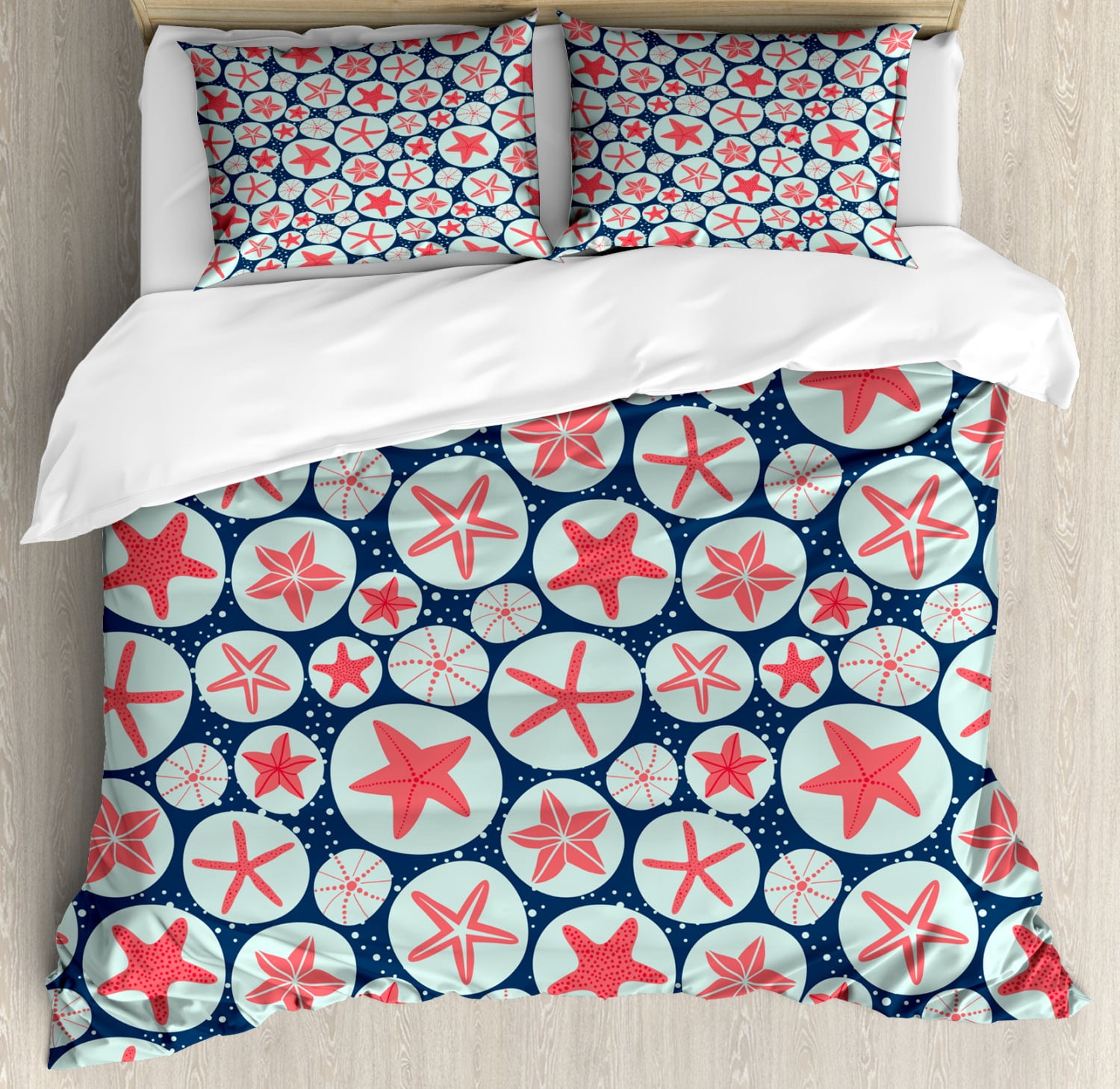 Underwater Duvet Cover Set, Starfish and Sea Urchins Circle Doodle