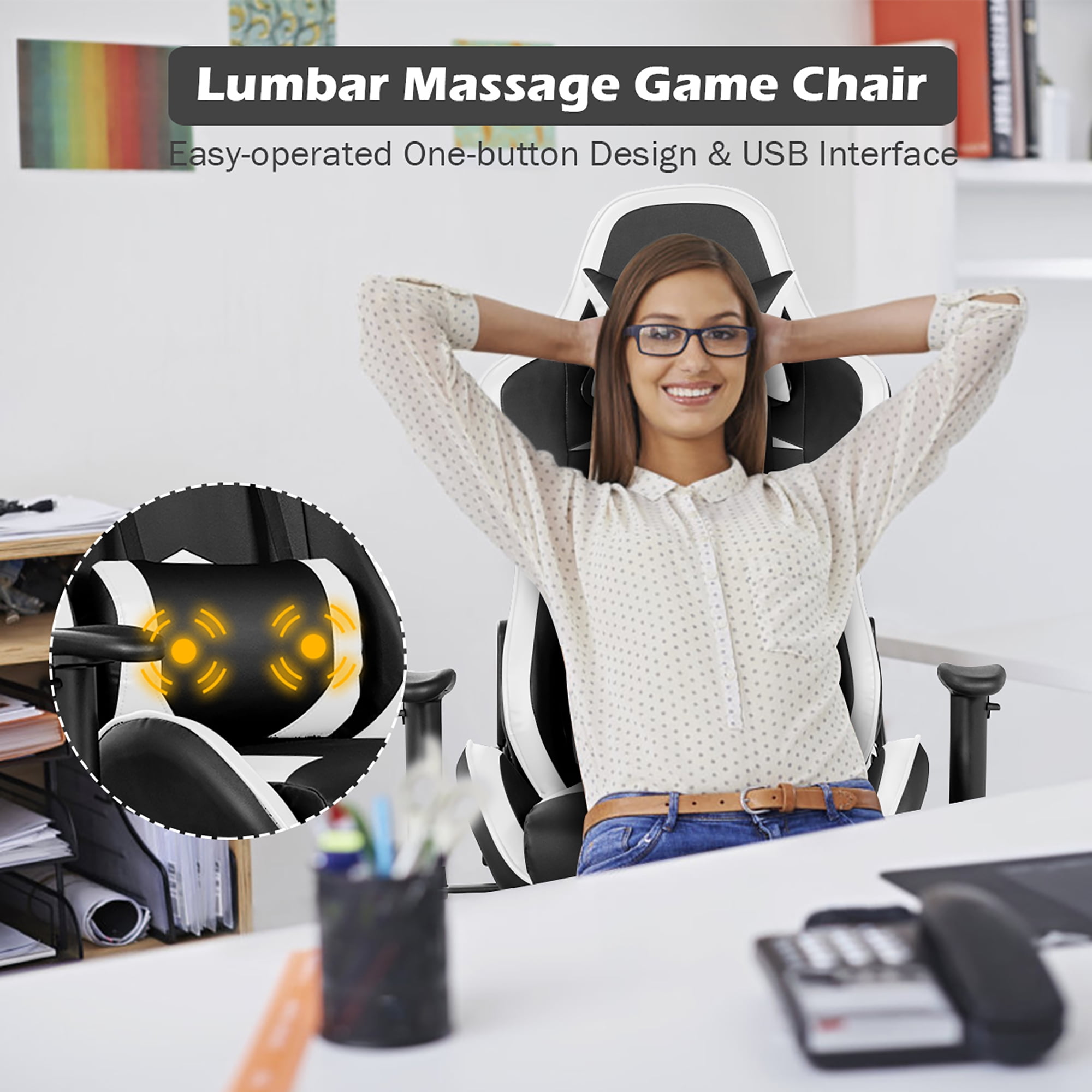 Costway Adjustable High Back Racing Gaming Chair with Footrest and Lumbar Massage, White